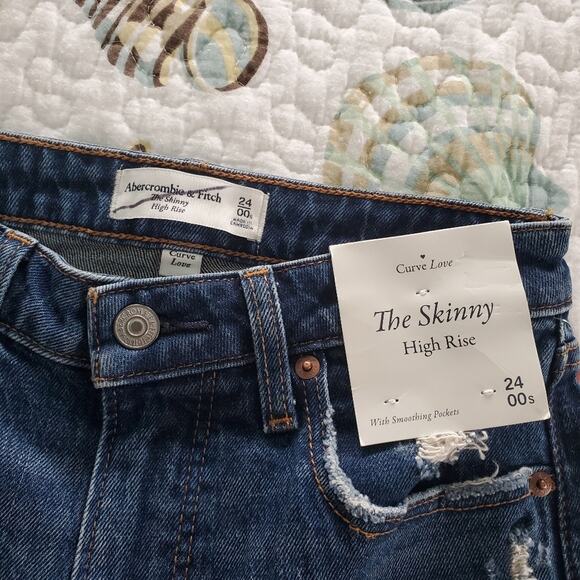 Abercrombie & Fitch Curve Love The Skinny High Rise Jeans Raw Hem Size 24S Dark - Picture 4 of 16